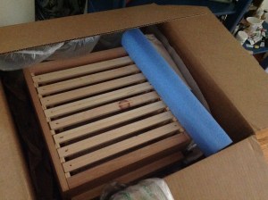 Each of the three hive boxes contains eight bars, coated with beeswax, and perfectly spaced to conform to "bee space".